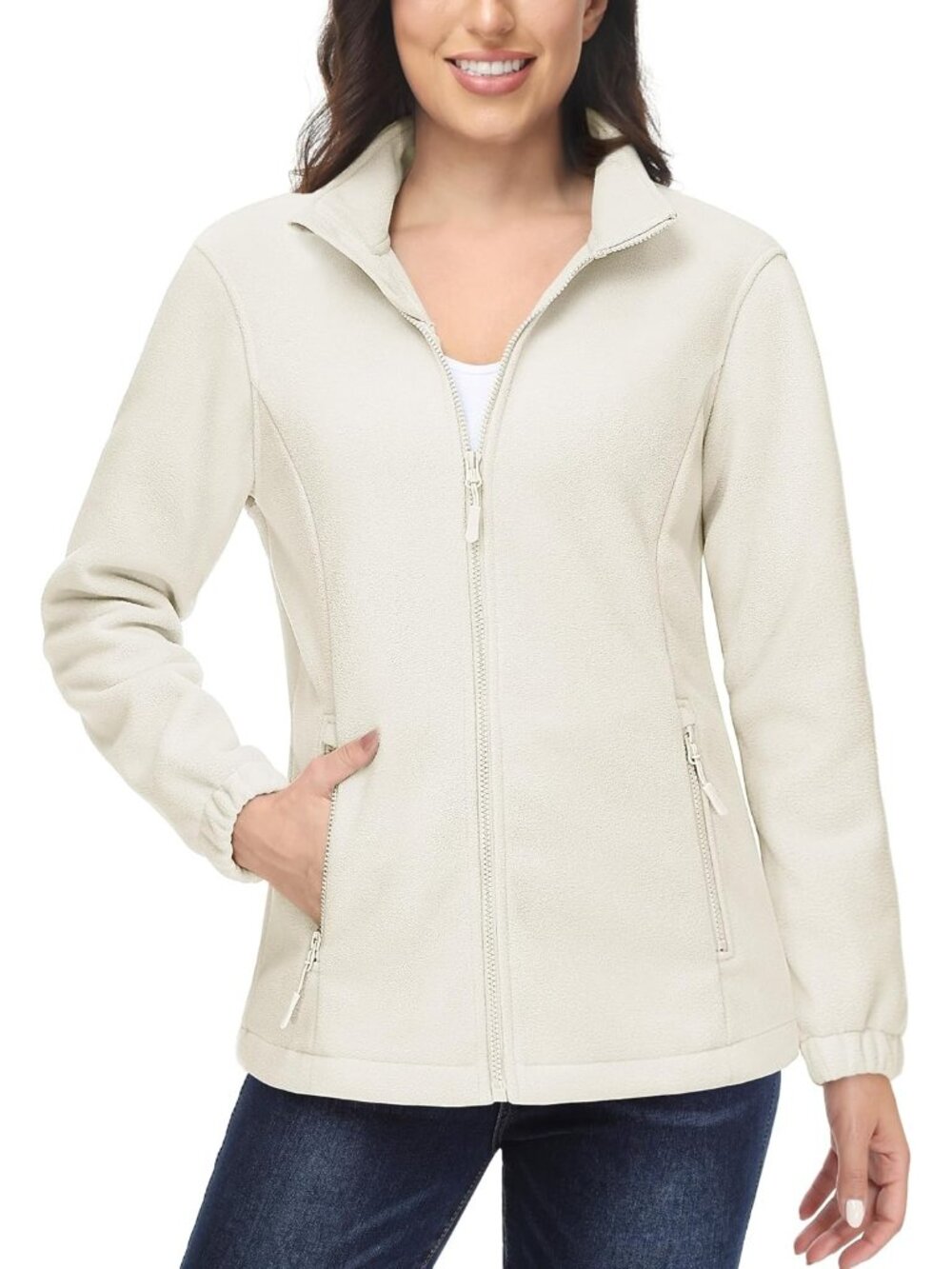 Women Cream Soft Warm Polar Fleece Full-Zip Up Pockets Winter Utility Jacket